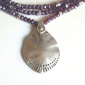 Statement Purple Beaded Necklace with Large Silver Pendant